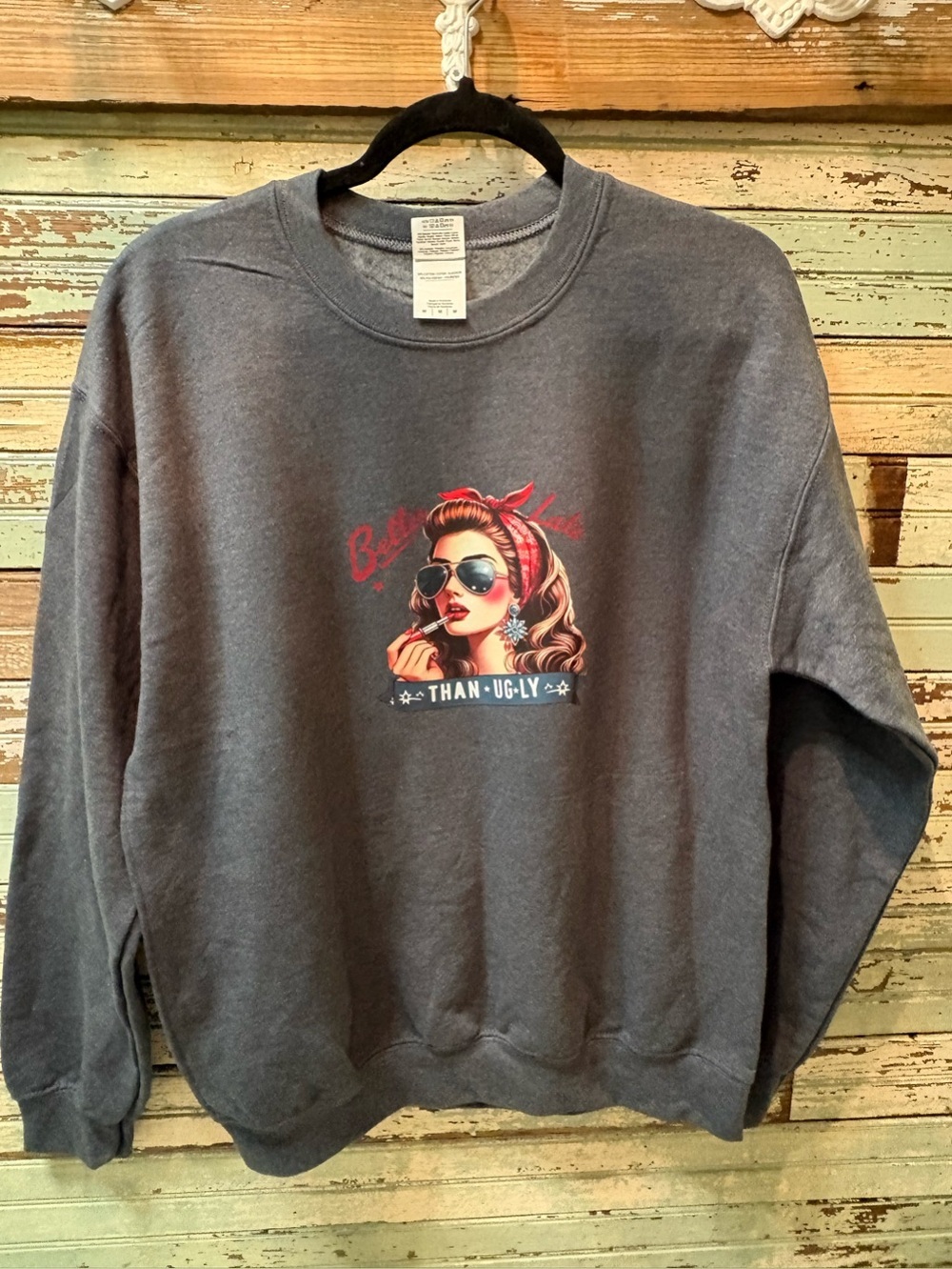 NWOT Gildan Heavy Blend Gray Crewneck Sweatshirt with Retro Pinup Graphic